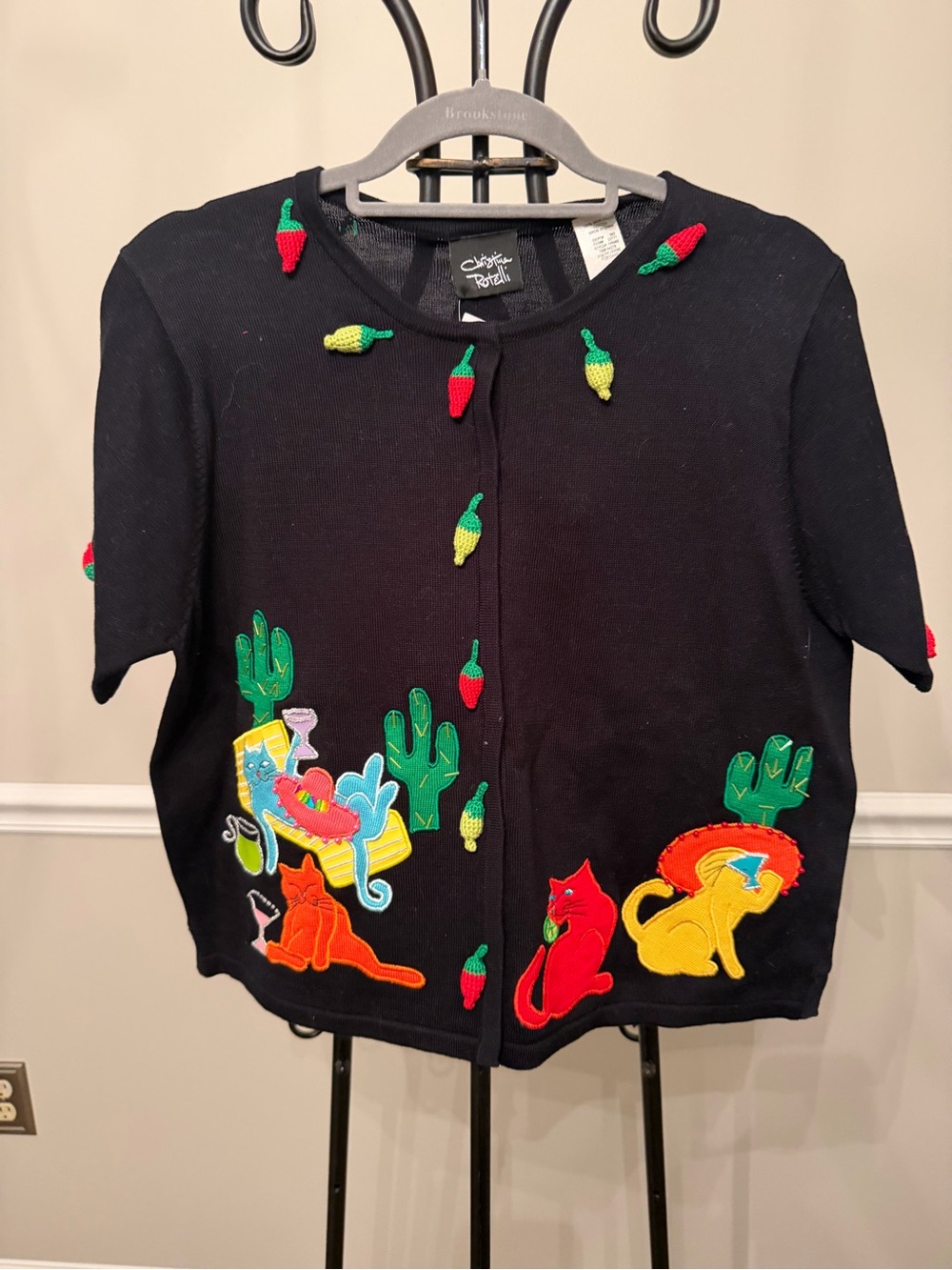 Christina Rotelli Cat Fiesta Cardigan S/M Chili Pepper Cactus 3D Y2K Novelty